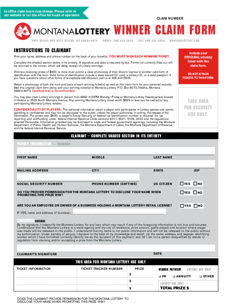 CLAIM NUMBER WINNER CLAIM FORM - Montana Lottery Preview on Page 1