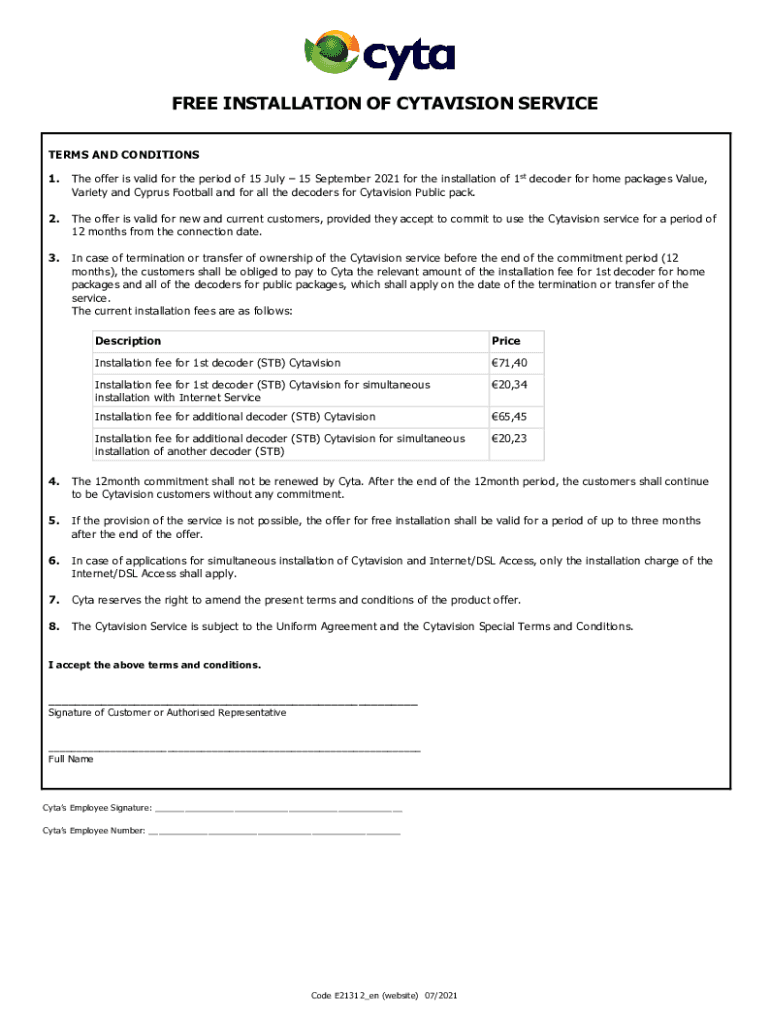 Fillable Online FREE INSTALLATION OF CYTAVISION SERVICE