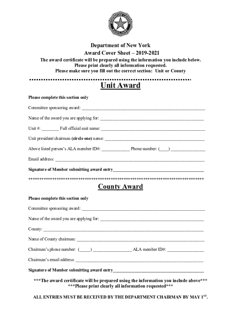 Fillable Online Department of New York Award Cover Sheet 20192021 Fax