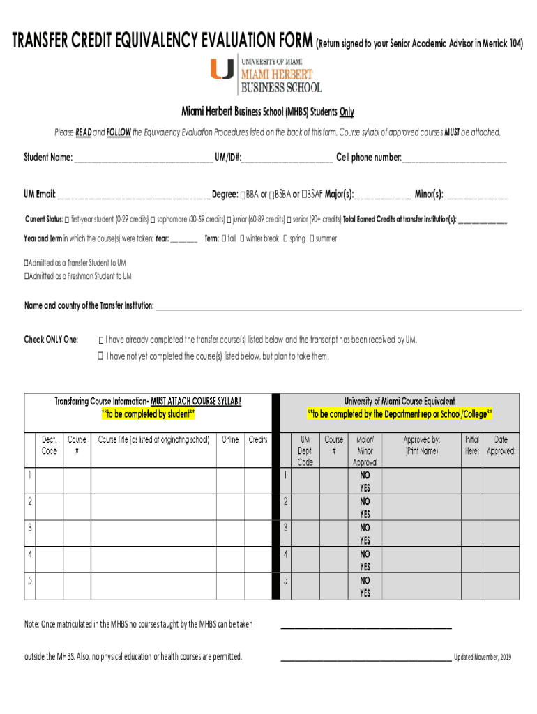 Fillable online transfer credit equivalency evaluation form return