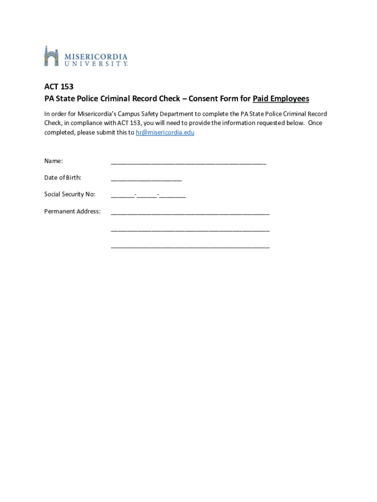 Fillable Online ACT 153 PA State Police Criminal Record Check Consent