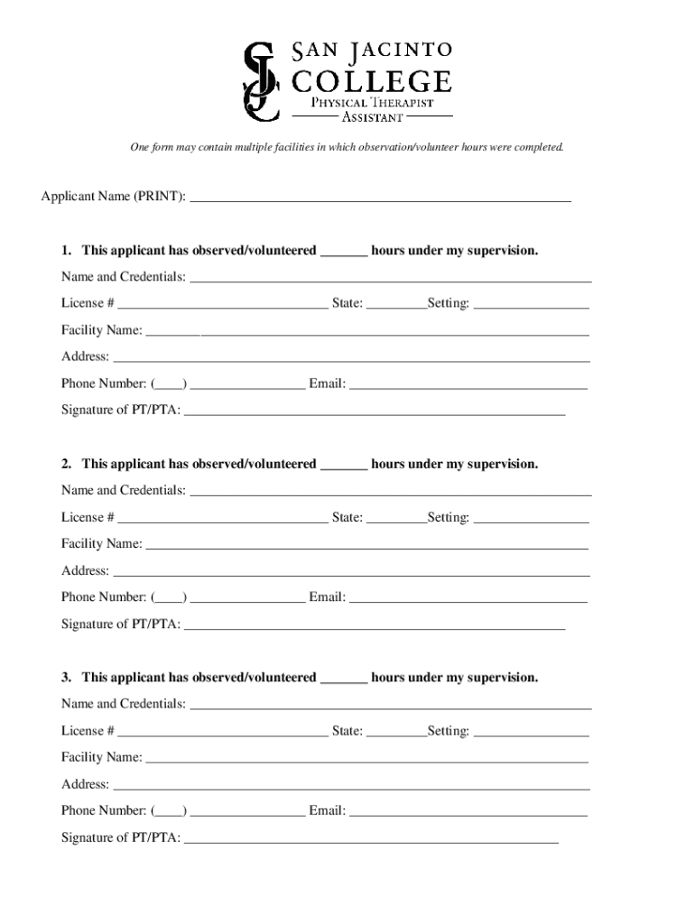Fillable Online Documentation Form For Hours Of Observation In A ...