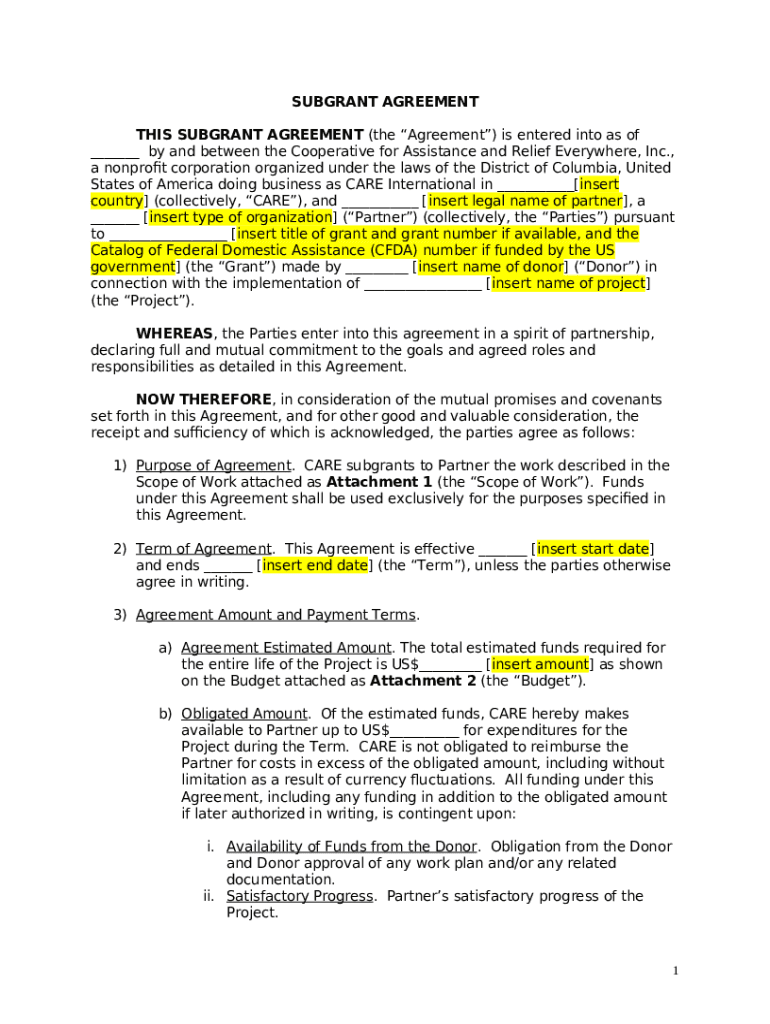 Sample Subgrant Agreement - Geauga County, Ohio Preview on Page 1