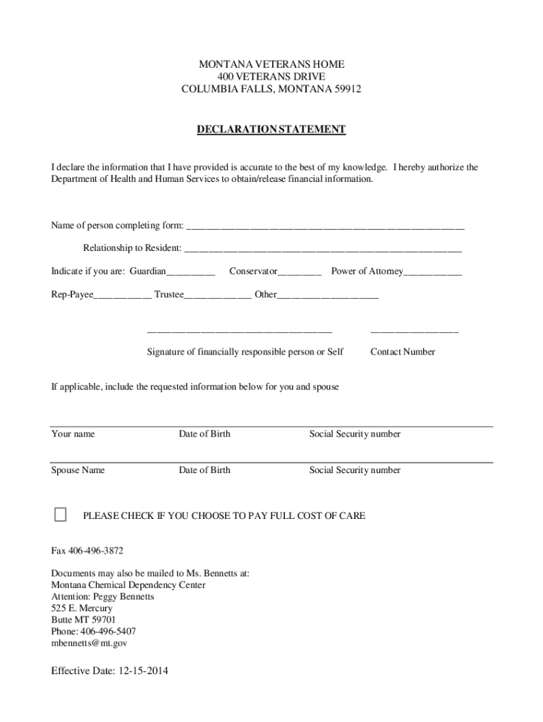 Fillable Online dphhs mt MONTANA VETERANS HOME 400 VETERANS DRIVE COLUMBIA FALLS Fax Email