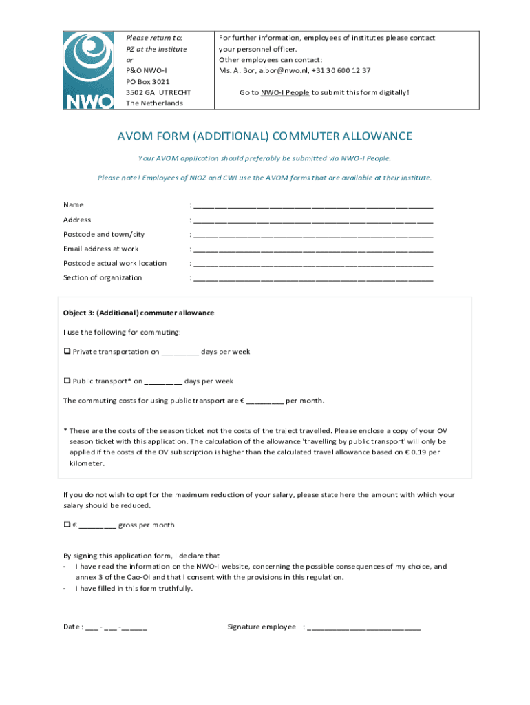 Fillable Online AVOM FORM (ADDITIONAL) COMMUTER ALLOWANCE - nwo-i.nl ...