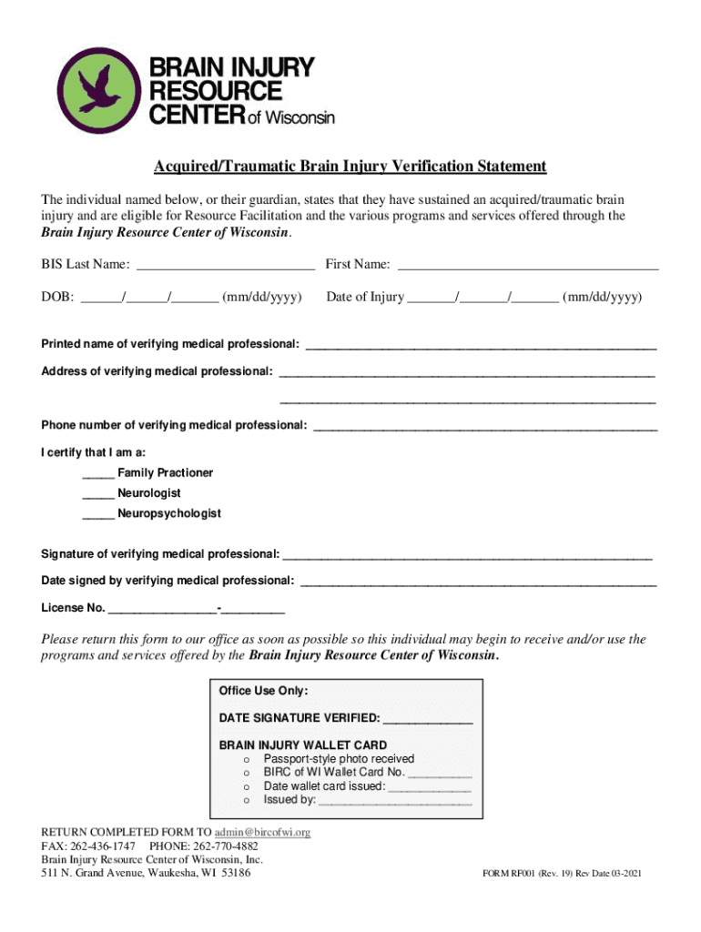 Fillable Online Acquired/Traumatic Brain Injury Verification Statement ...