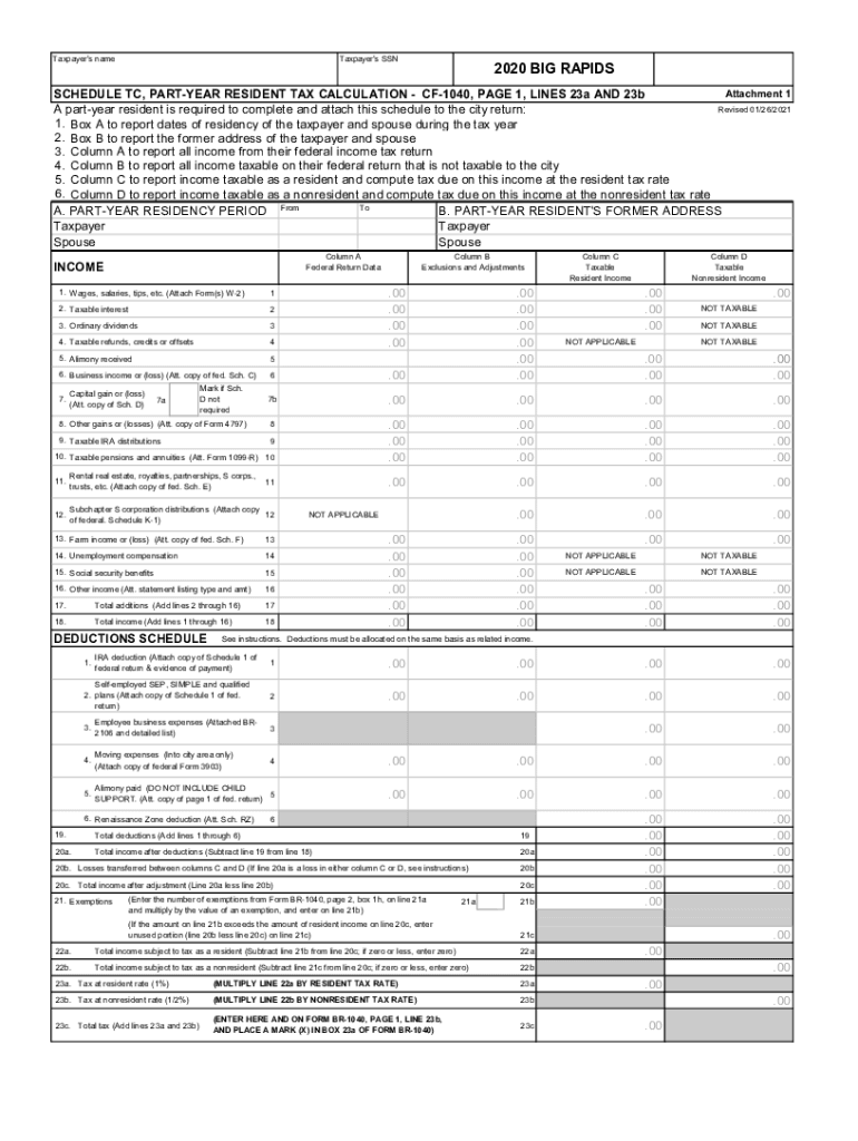 Fillable Online SCHEDULE TC PART YEAR RESIDENT TAX CALCULATION CF