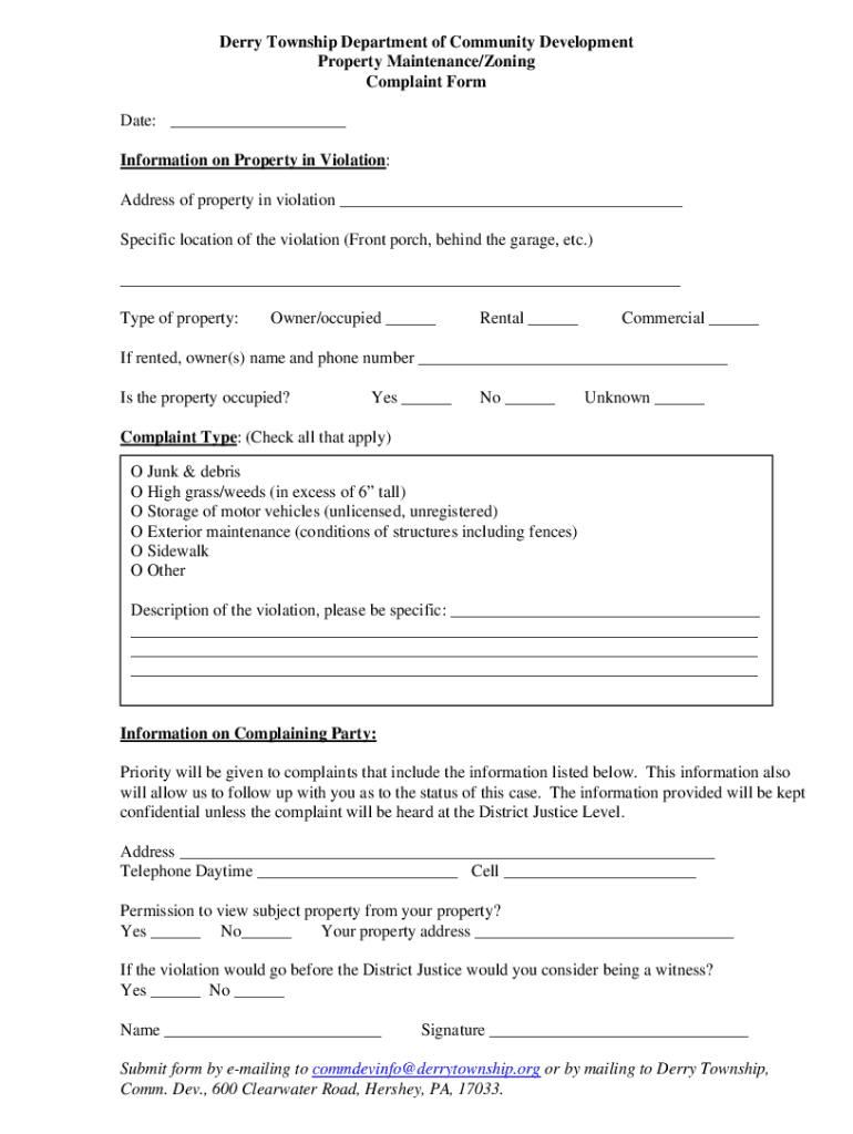 Fillable Online Property Maintenance/Zoning Complaint Form Derry