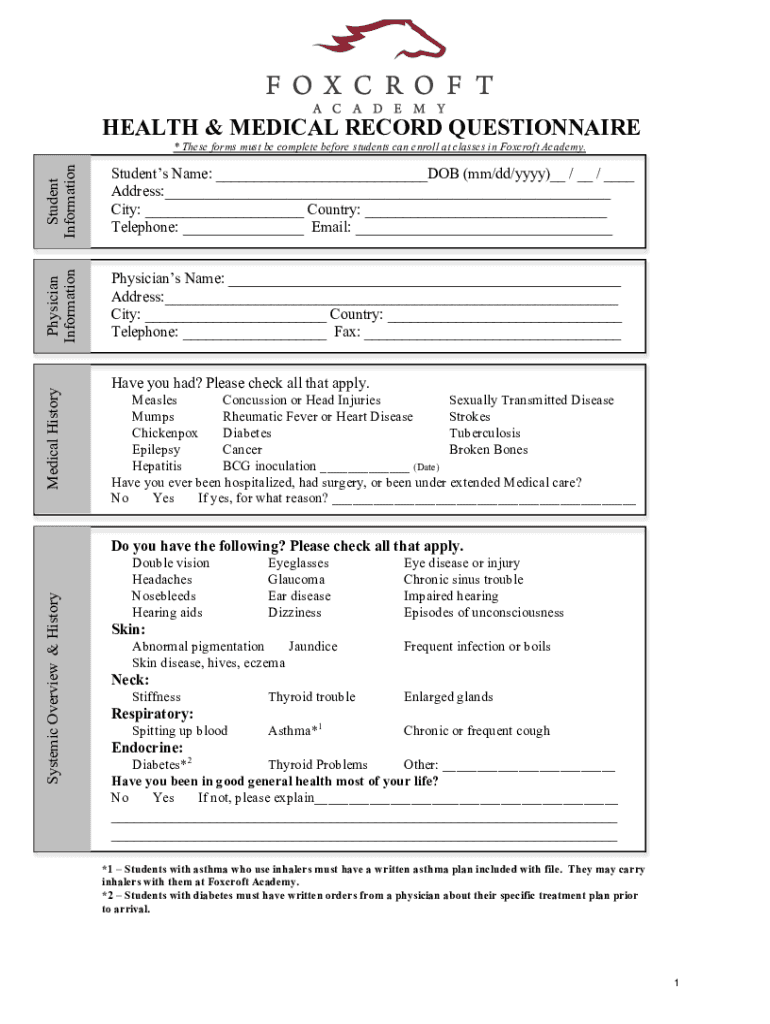 Fillable Online HEALTH & MEDICAL RECORD QUESTIONNAIRE Fax Email Print