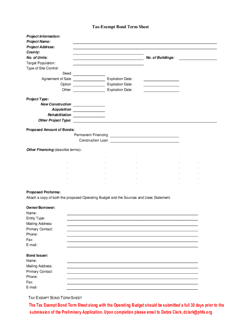 Fillable Online TaxExempt Bond Term Sheet. TaxExempt Bond Term Sheet