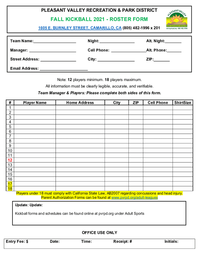 Fillable Online FALL KICKBALL 2021 ROSTER FORM Fax Email Print
