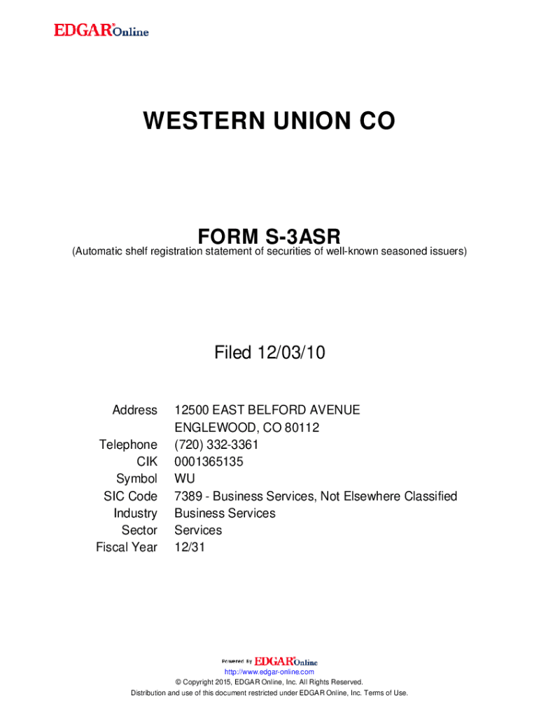 Fillable Online WESTERN UNION CO. FORM S3ASR (Automatic shelf