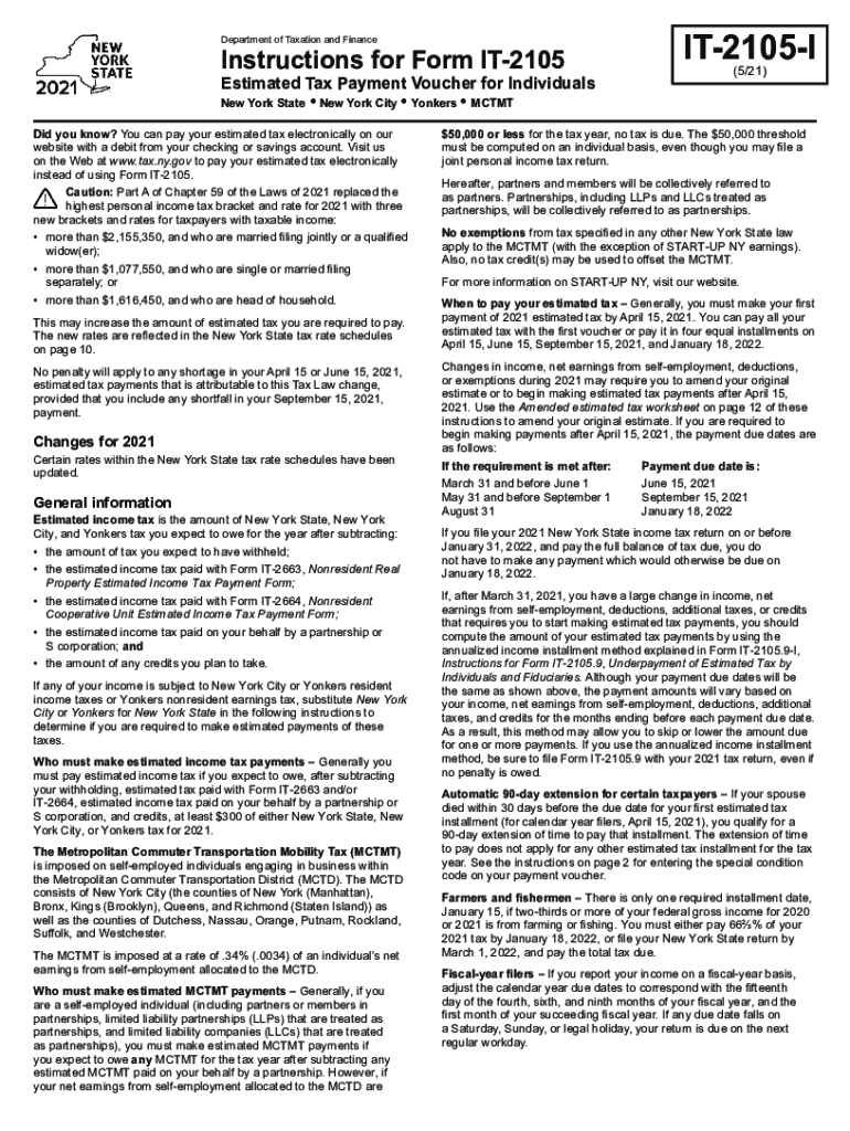 Instructions for Form IT-2105 Estimated Income Tax Payment Voucher for Individuals New York State, N Preview on Page 1