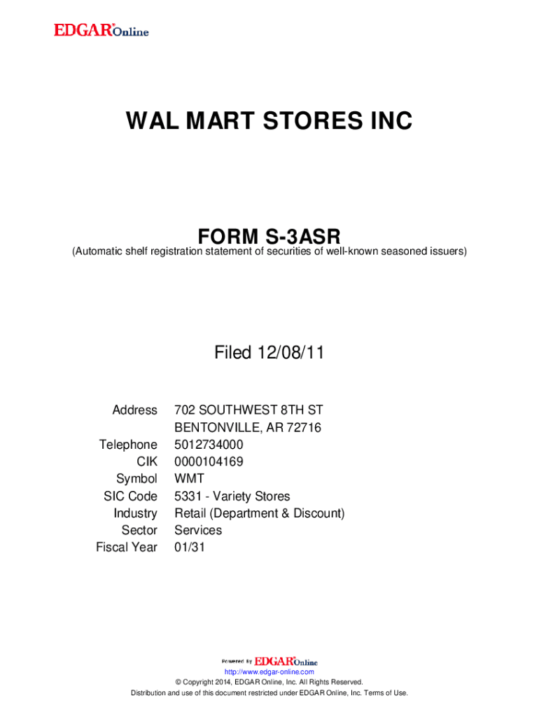 Fillable Online WAL MART STORES INC. FORM S3ASR (Automatic shelf