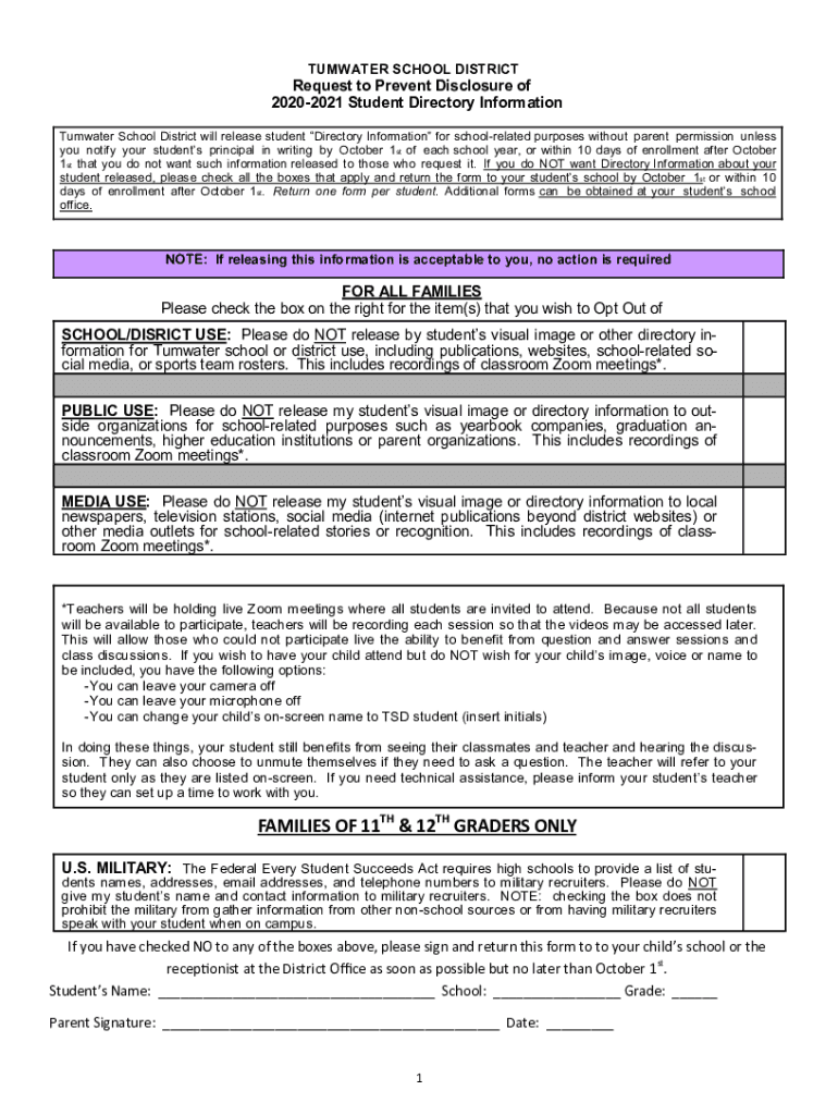 Fillable Online Tumwater School District will release student Directory Information for school
