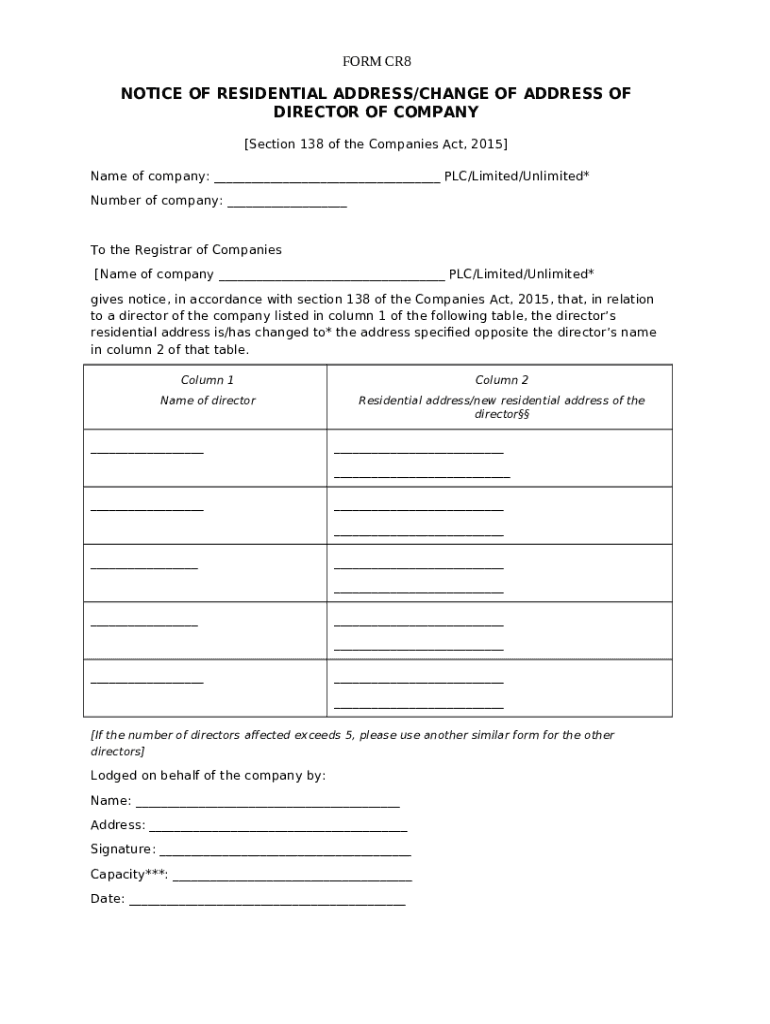 CR8 NOTICE OF RESIDENTIAL ADDRESS/CHANGE OF ADDRESS Doc Template