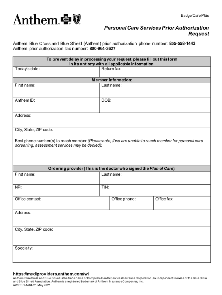 Fillable Online Personal Care Services Prior Authorization Request Fax