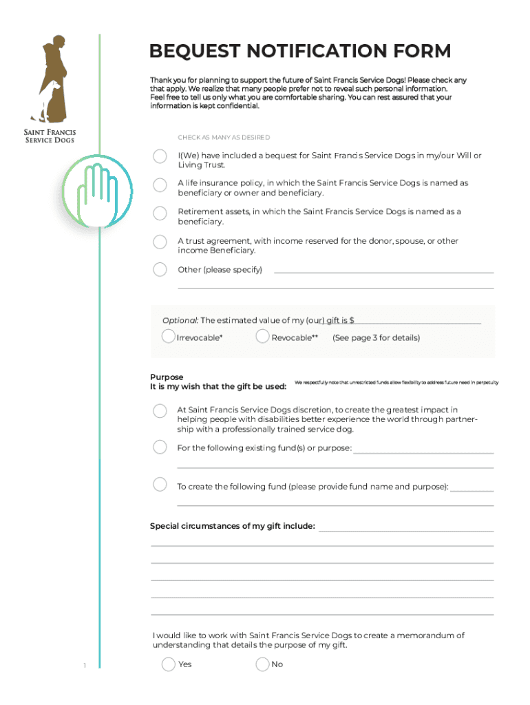 Fillable Online Bequest Notification Form. Saint Francis Service Dogs