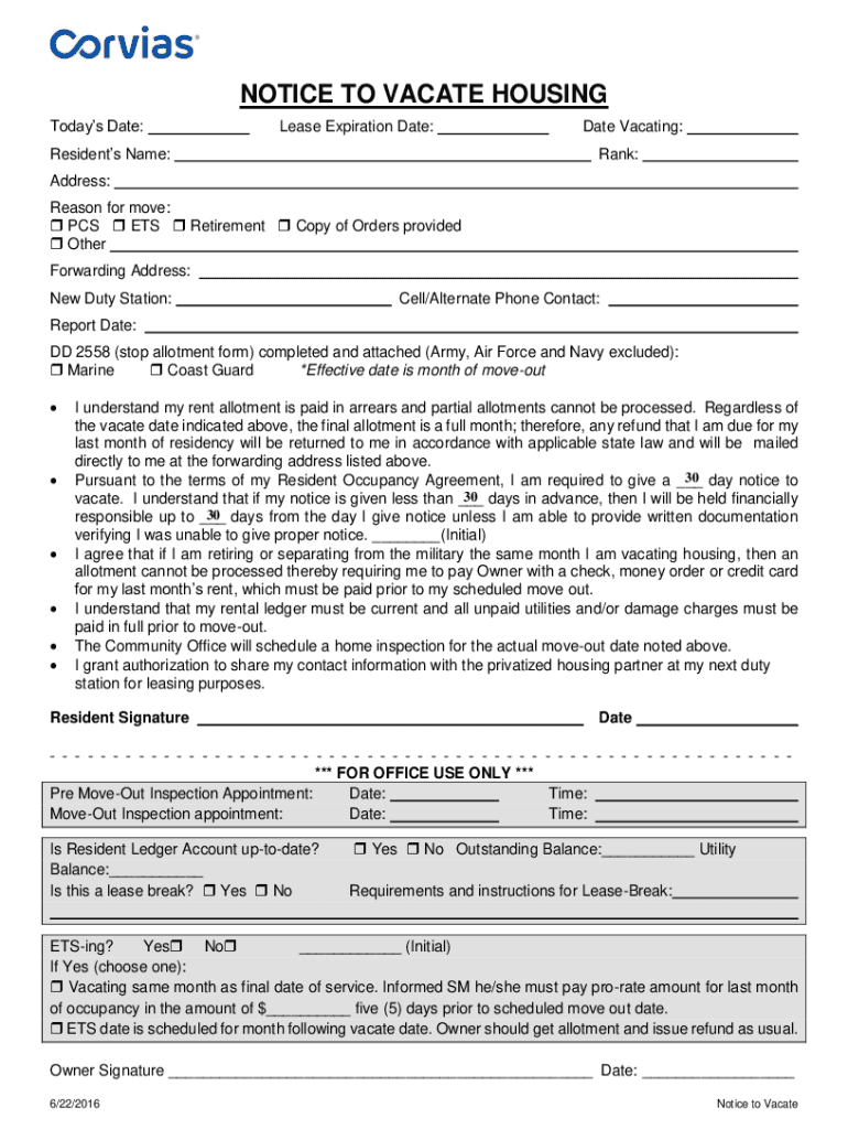 NOTICE TO VACATE HOUSING - Corvias Military Living Preview on Page 1