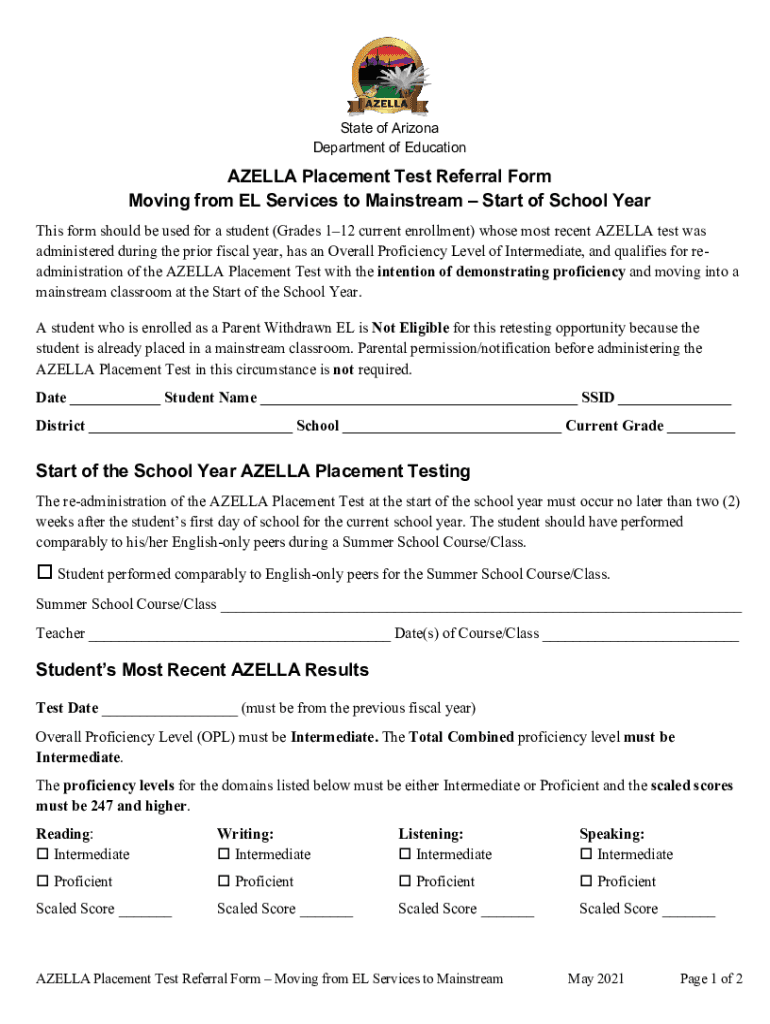 Fillable Online AZELLA Placement Test Referral Form Moving from EL Services to Fax Email