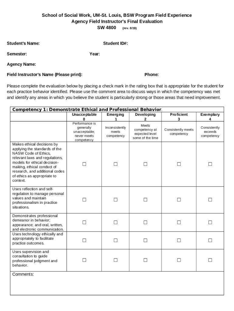 Evaluation of Students in Field UMSL Doc Template pdfFiller