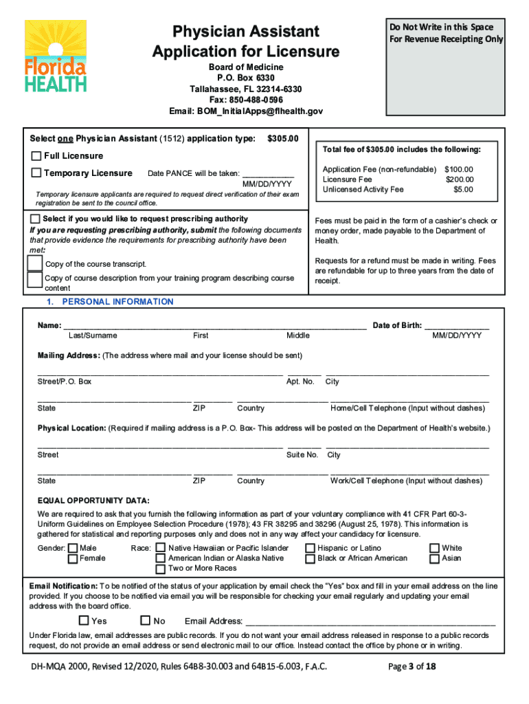 florida physician assistant form Preview on Page 1
