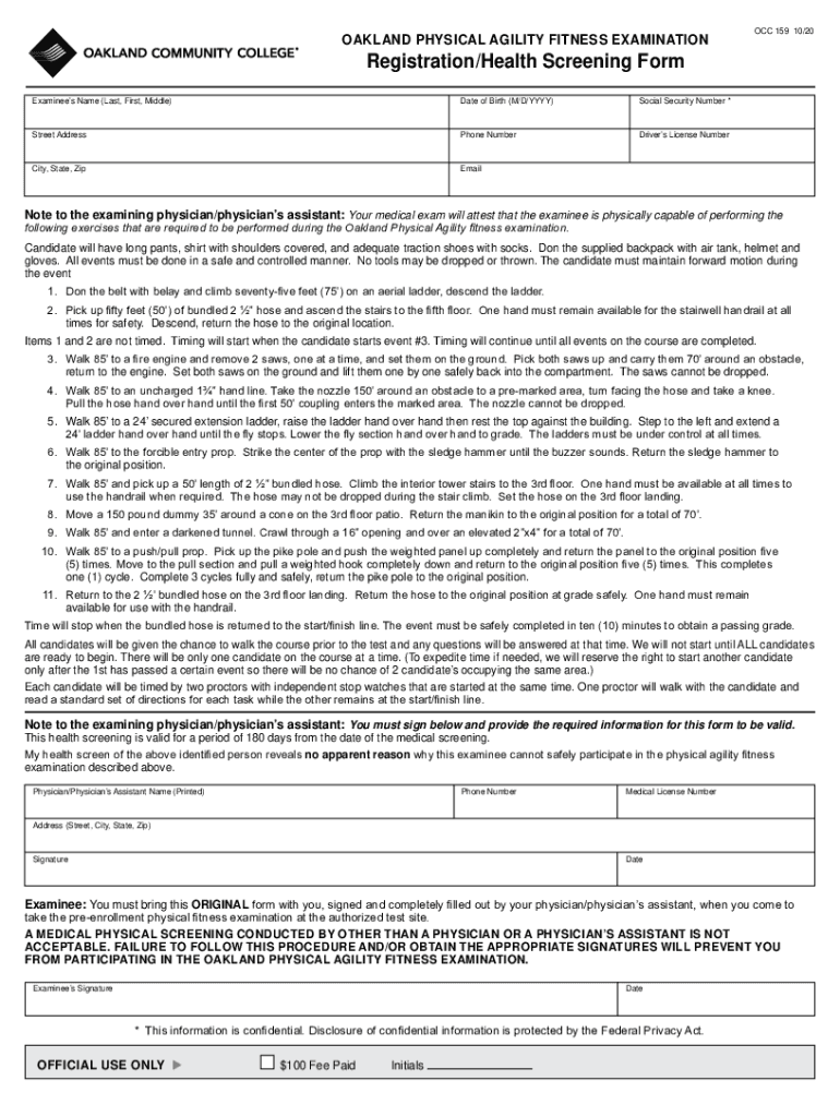 Oakland Physical Agility Fitness Examination Registration Health Screening Form Oakland Physical Agi Preview on Page 1