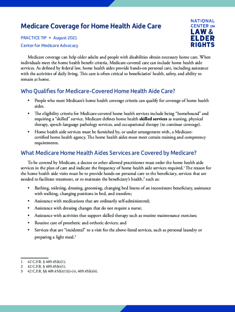 Fillable Online Medicare Coverage for Home Health Aide Care. Medicare