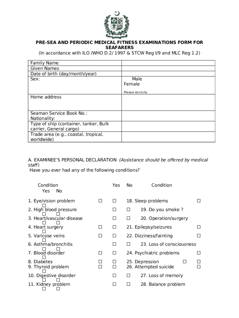 pre-sea and periodic medical fitness examinations form for Preview on Page 1