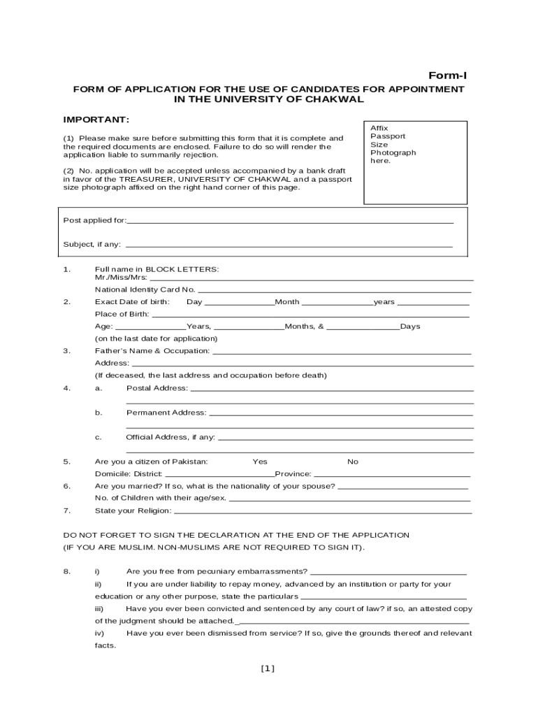 (DOC) Form-I FORM OF APPLICATION FOR THE USE OF CANDIDATES Preview on Page 1