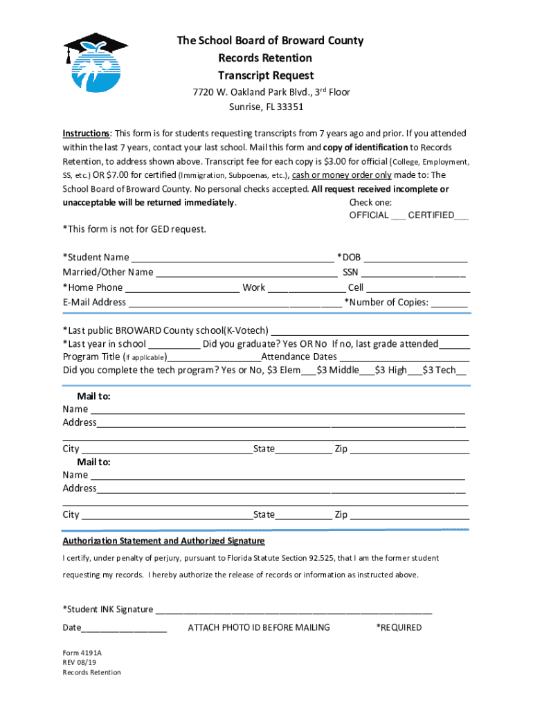 broward county transcript request Preview on Page 1