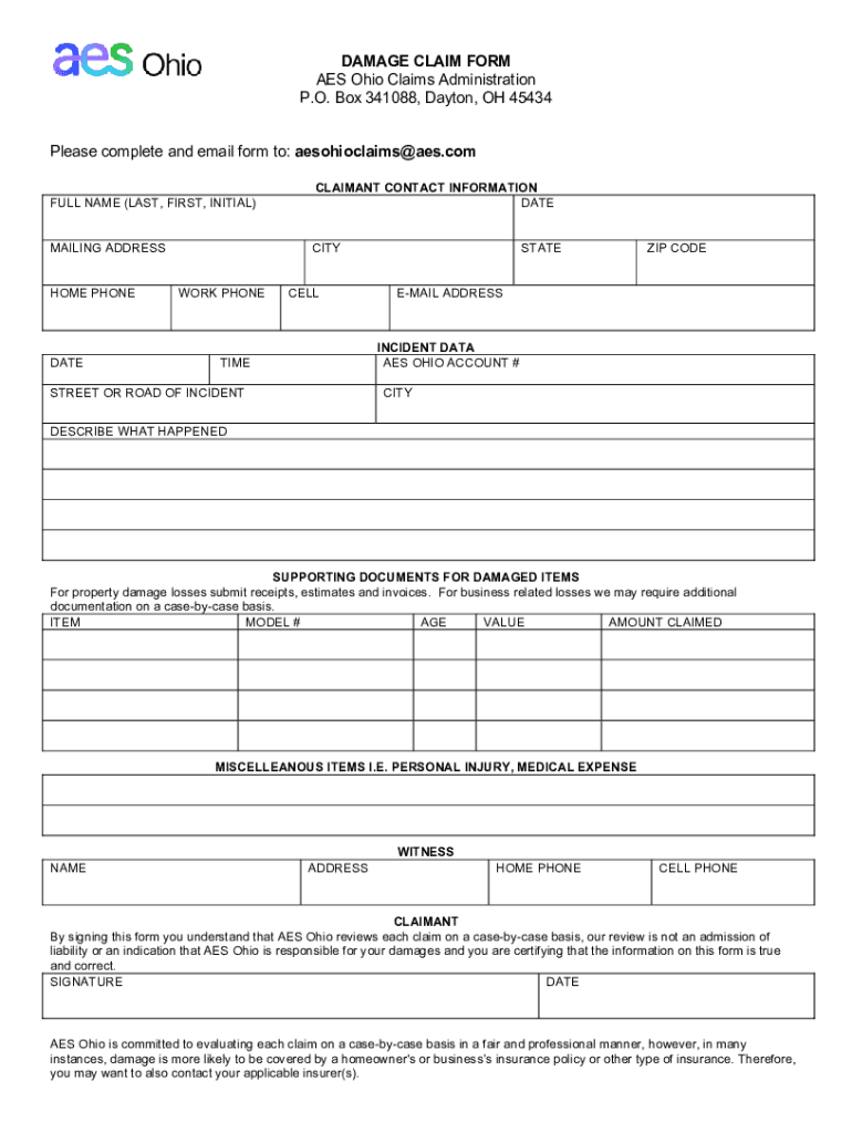 Fillable Online DAMAGE CLAIM FORM AES Ohio Claims Administration P.O