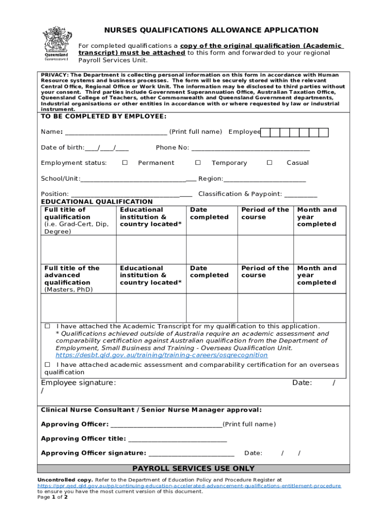 Nurses qualifications allowance application Doc Template pdfFiller