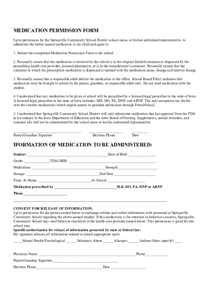Fillable Online Tabernacle School District MEDICATION PERMISSION FORM