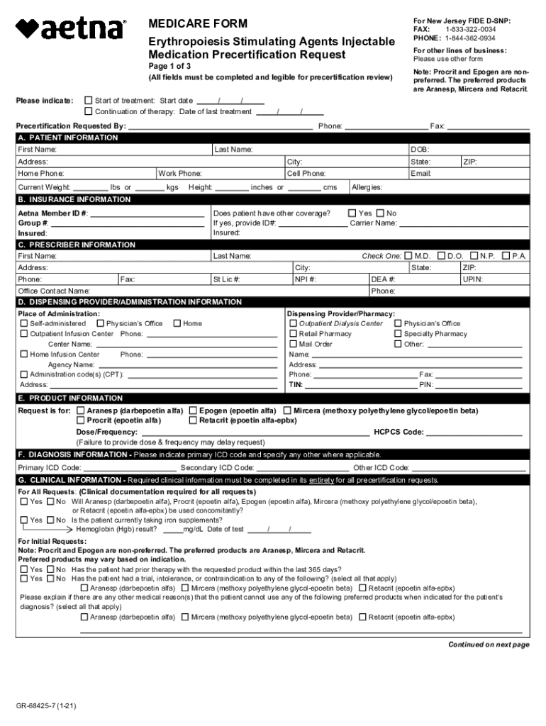 Fillable Online Aetna Rx NEW JERSEY MEDICARE FORM Erythropoiesis