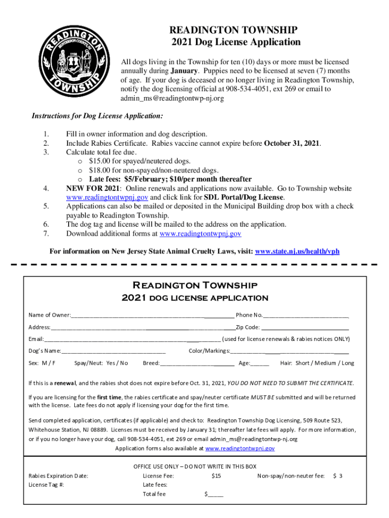Fillable Online Readington Township Dog License Fill and Sign