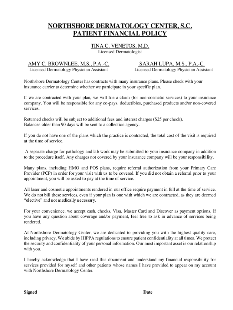 Fillable Online NORTHSHORE DERMATOLOGY CENTER, S.C. PATIENT FINANCIAL