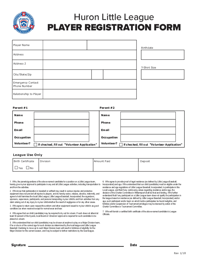 cdn2 sportngin attachmentsdocumentHuron Little League PLAYER REGISTRATION FORM Player Preview on Page 1