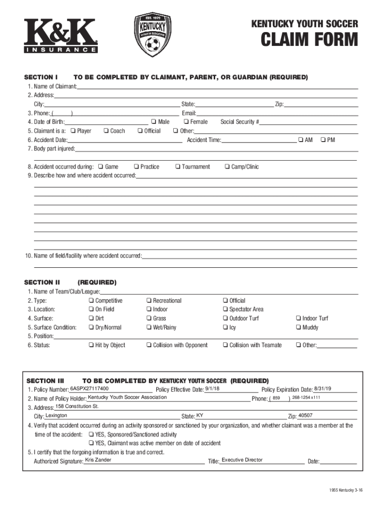 Fillable Online CLAIM FORM - Kentucky Premier League Fax Email Print ...
