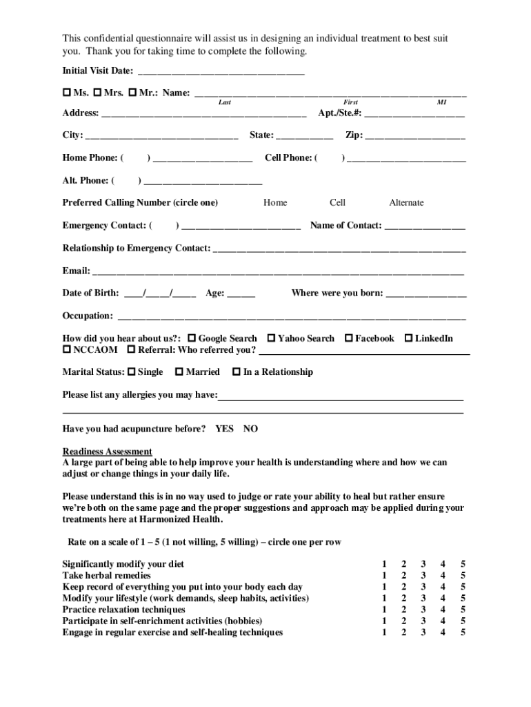 Fillable Online This confidential questionnaire ... - harmonizedhealth ...