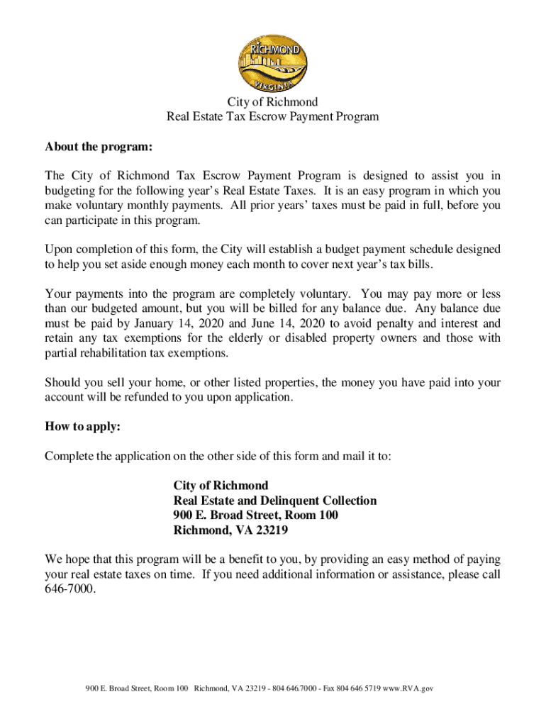 Fillable Online City of Richmond Real Estate Tax Escrow Payment Program
