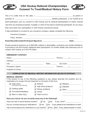 USA Hockey Consent to Treat/Medical History Form