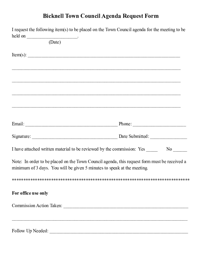 Fillable Online Bicknell Town Council Agenda Request Form Fax Email
