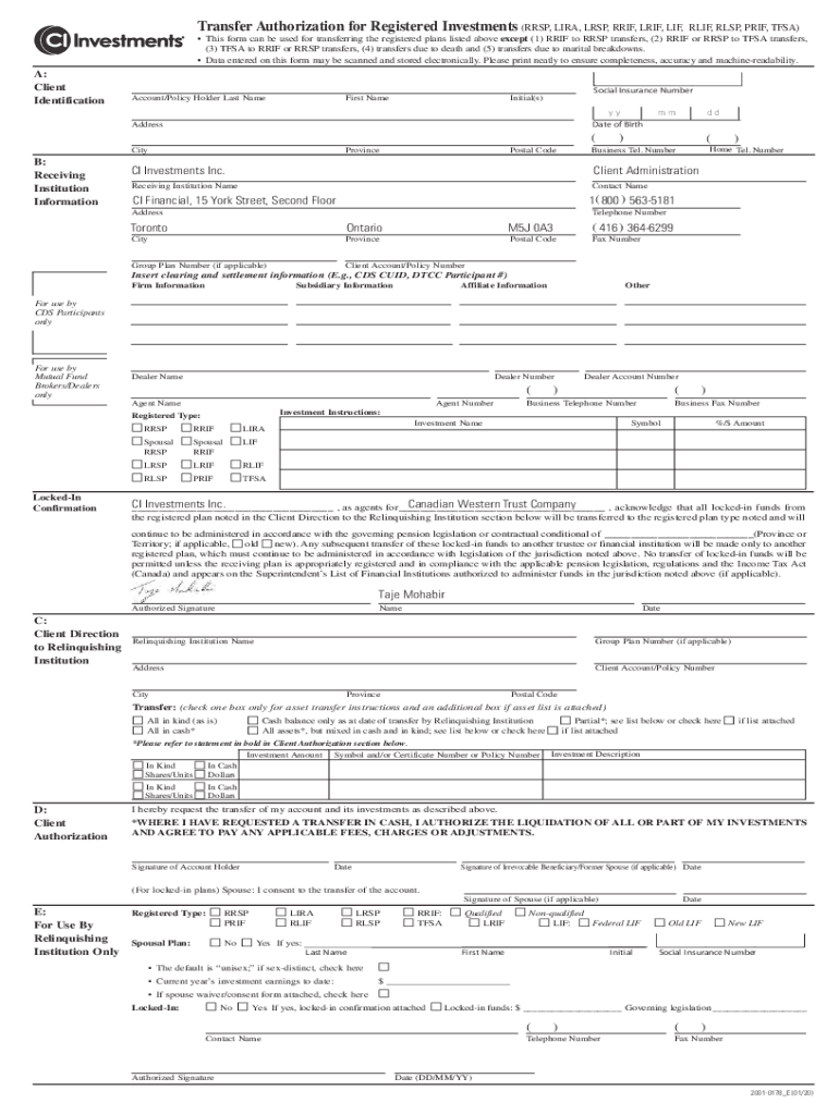 Fillable Online 19030640 CI Transfer Authorization for Registered