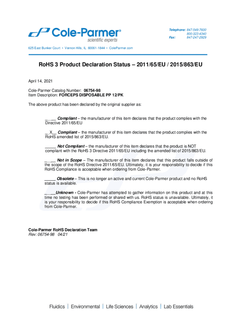 Fillable Online ColeParmer Catalog Number 0675498 Fax Email Print