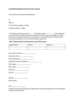 GOVERNMENT AUTHORIZED SIGNATORY LETTER TO CA FOR E-Sign/DSC - Fill and