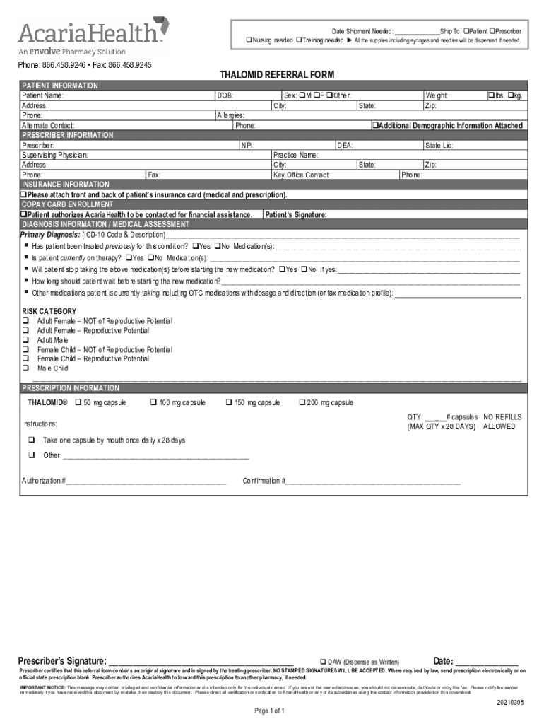 Fillable Online Acaria Health Referral Form. Referral Form Fax Email