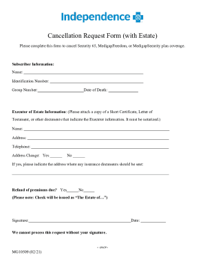 Independence Blue Cross Medigap Cancellation Form. Use this form to request cancellation of your Medigap plan.