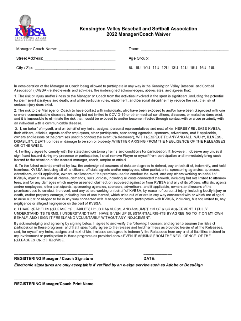 Fillable Online Kensington Valley Baseball and Softball Association