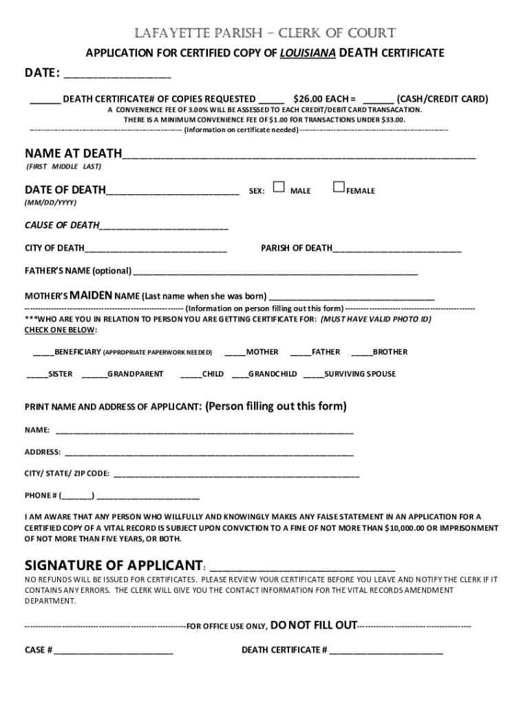 Fillable Online Death Certificate Department Louis J. Perret